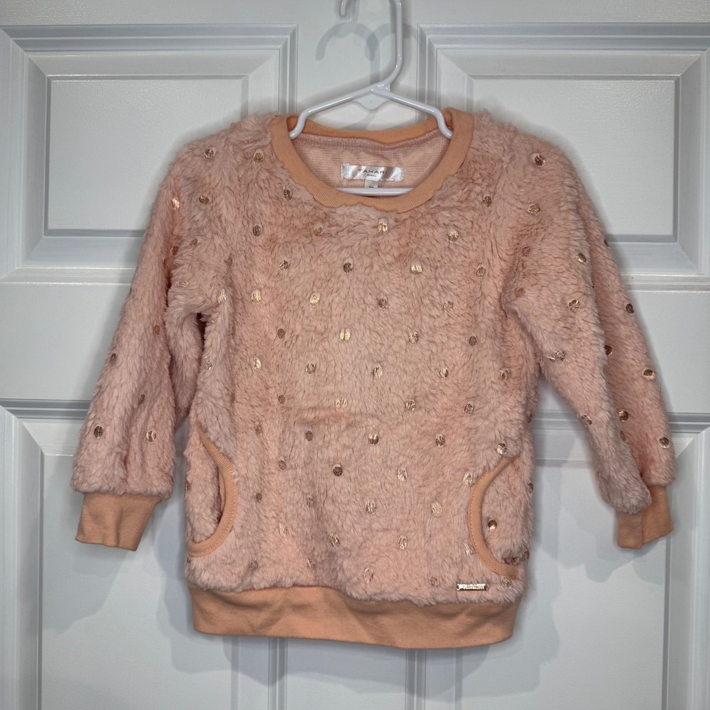 Tahari Girl Size 3T Peach Faux Fur Polka Dot Pullover Sweater with‎ Pockets